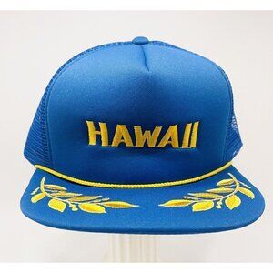 Vintage Hawaii Trucker Hat Blue Gold Scrambled Eggs Rope Snapback Mesh 1980s